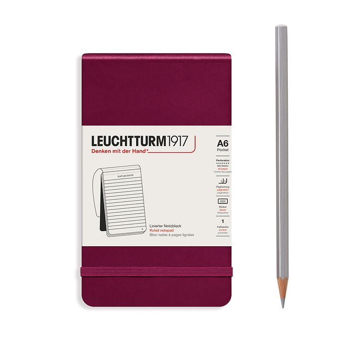 Bloc-notes Pocket (A6), couverture rigide, 184 pages numérotes, port red, ligné