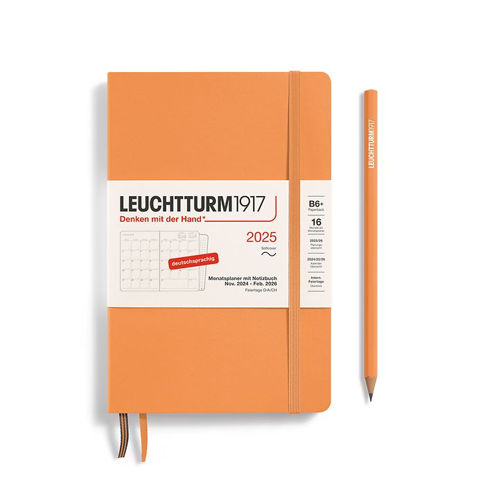 Agenda Mensuel & Carnet Paperback (B6+) 2025, 16 Mois, Couv. souple, Apricot, Allemand