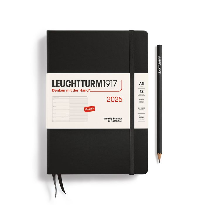 Agenda Semainier & Carnet Medium (A5) 2025, Noir, Anglais