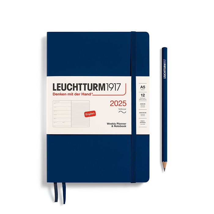 Agenda Semainier & Carnet Medium (A5) 2025, Couverture souple, Bleu Marine, Anglais